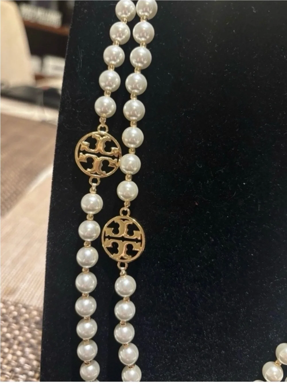 Tory Burch White Pearl Long Necklace with Gold Logo Discs